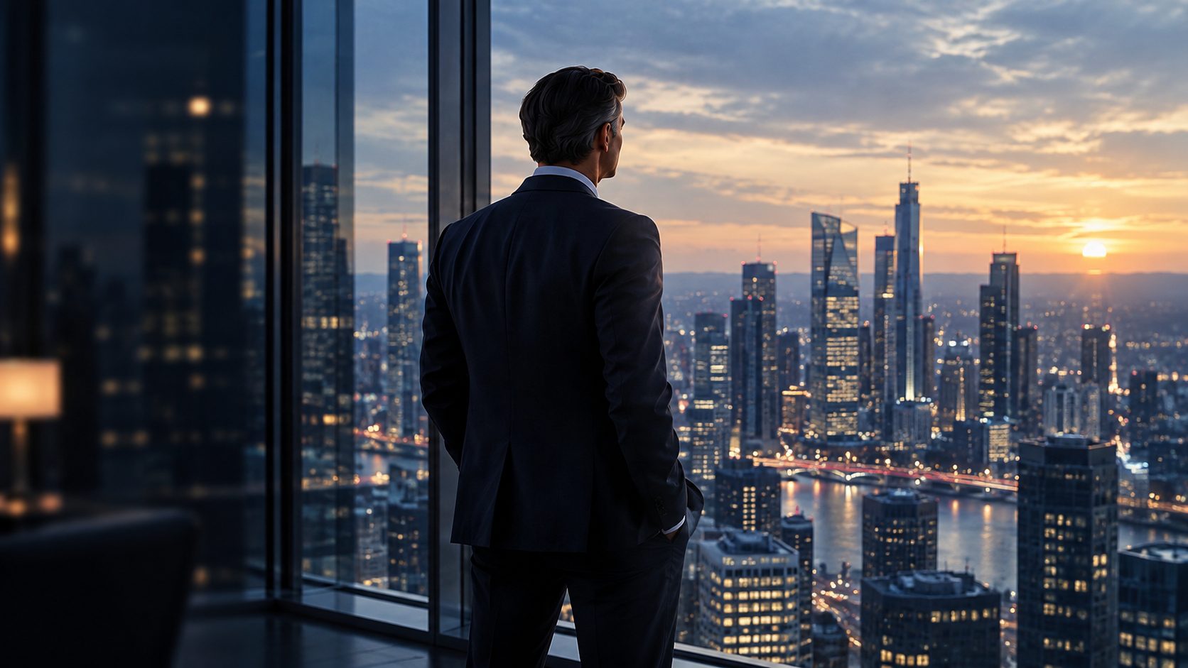 Enterprise leader overlooking a city at sunset